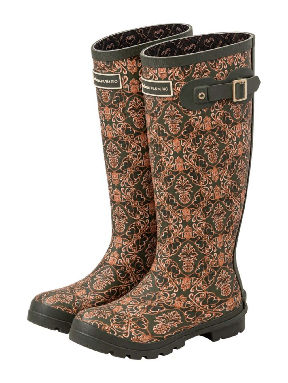 Barbour Olive & Tan Floral-Patterned Tall Rain Boots